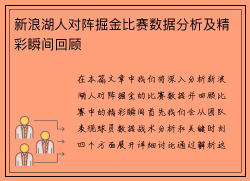 新浪湖人对阵掘金比赛数据分析及精彩瞬间回顾